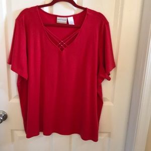 Short Sleeve V-Neck  Red Top with Silver Accent at Neckline